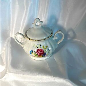 Vintage White Floral Sugar Bowl With Gold Accents and Lid